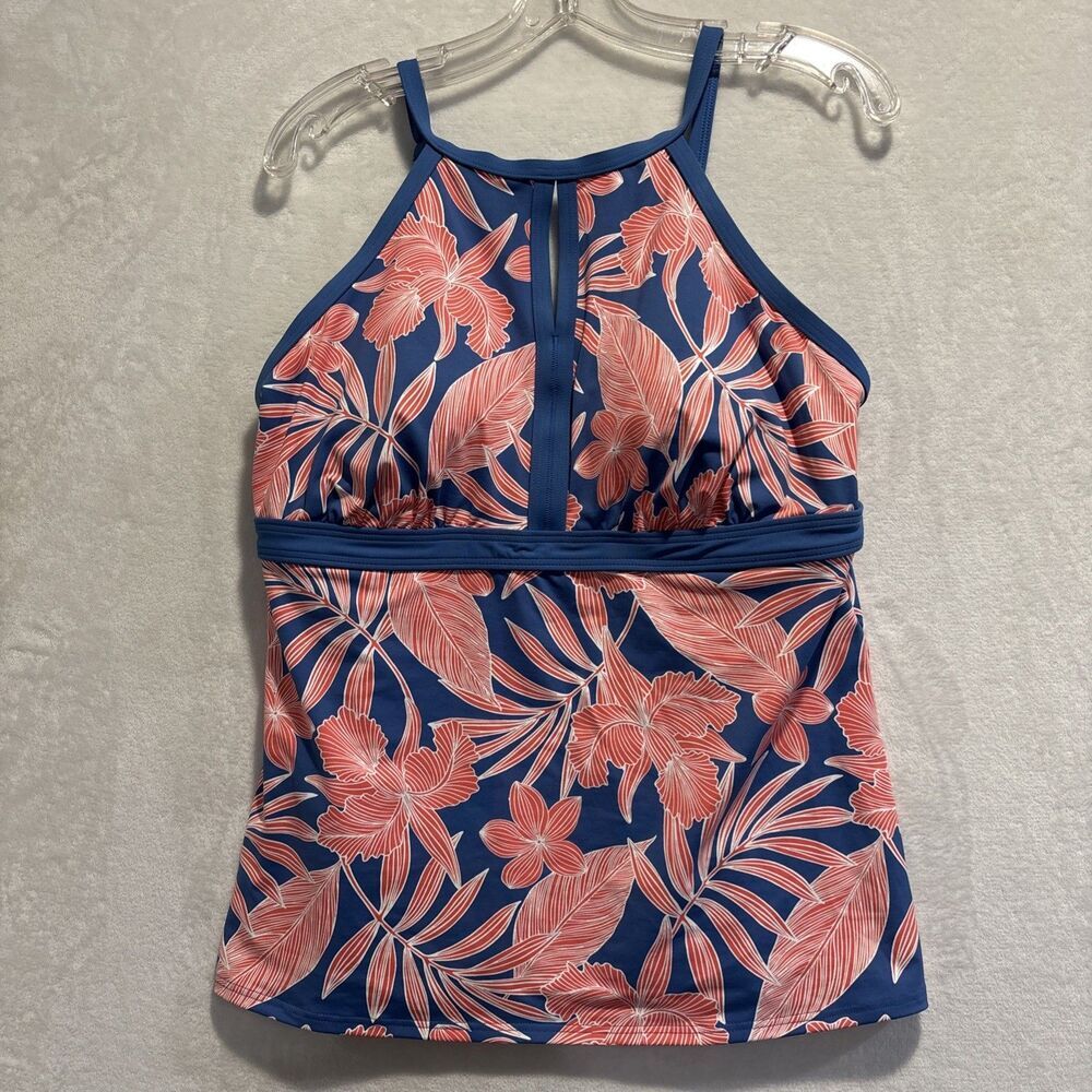 Lands End High Neck Keyhole Tankini Top Floral Padded Bra Size 14L Long Stretch